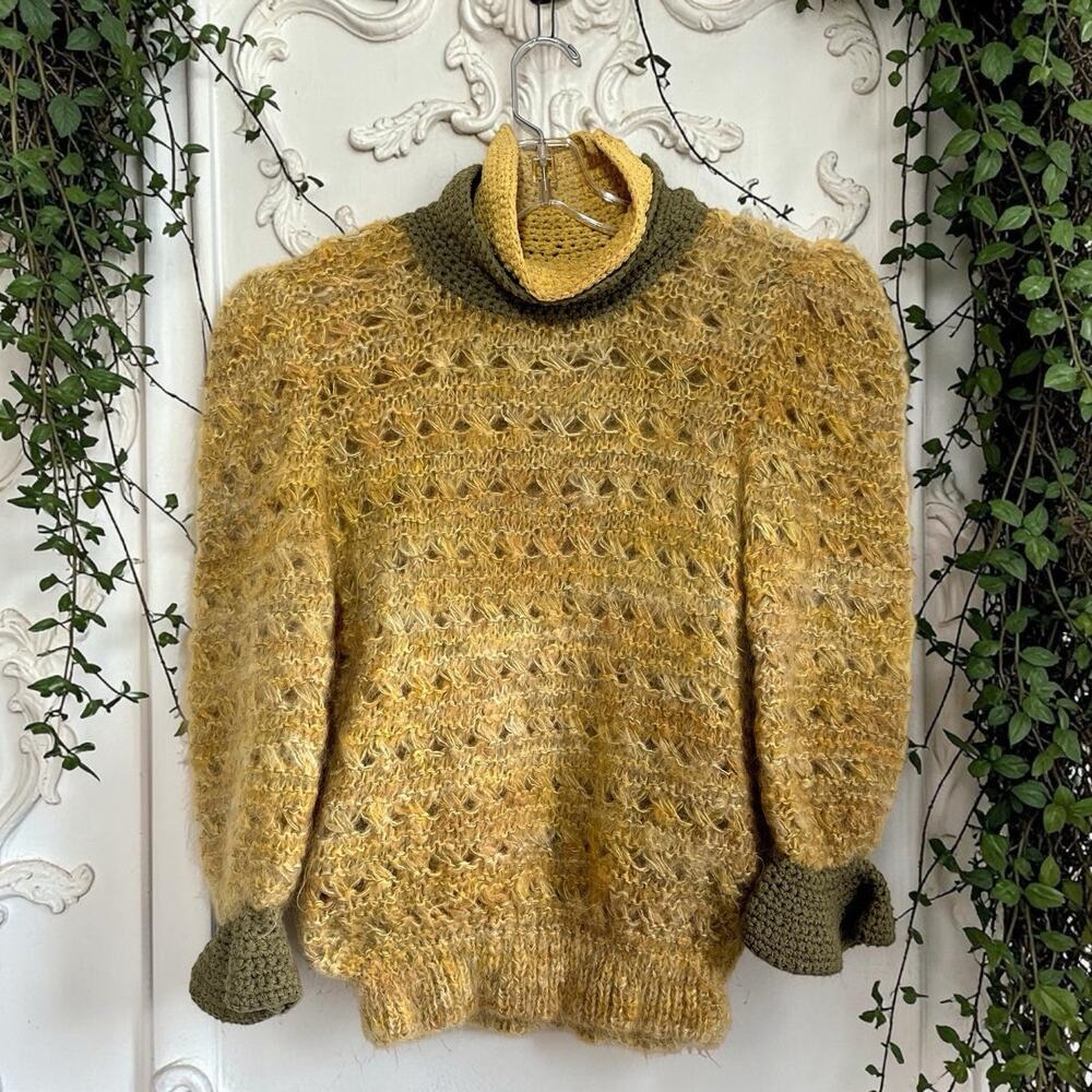 VIVIENNE POY Vtg 80s Ruffle Puff Sleeve Mohair Silk Sweater Women Med Turtleneck
